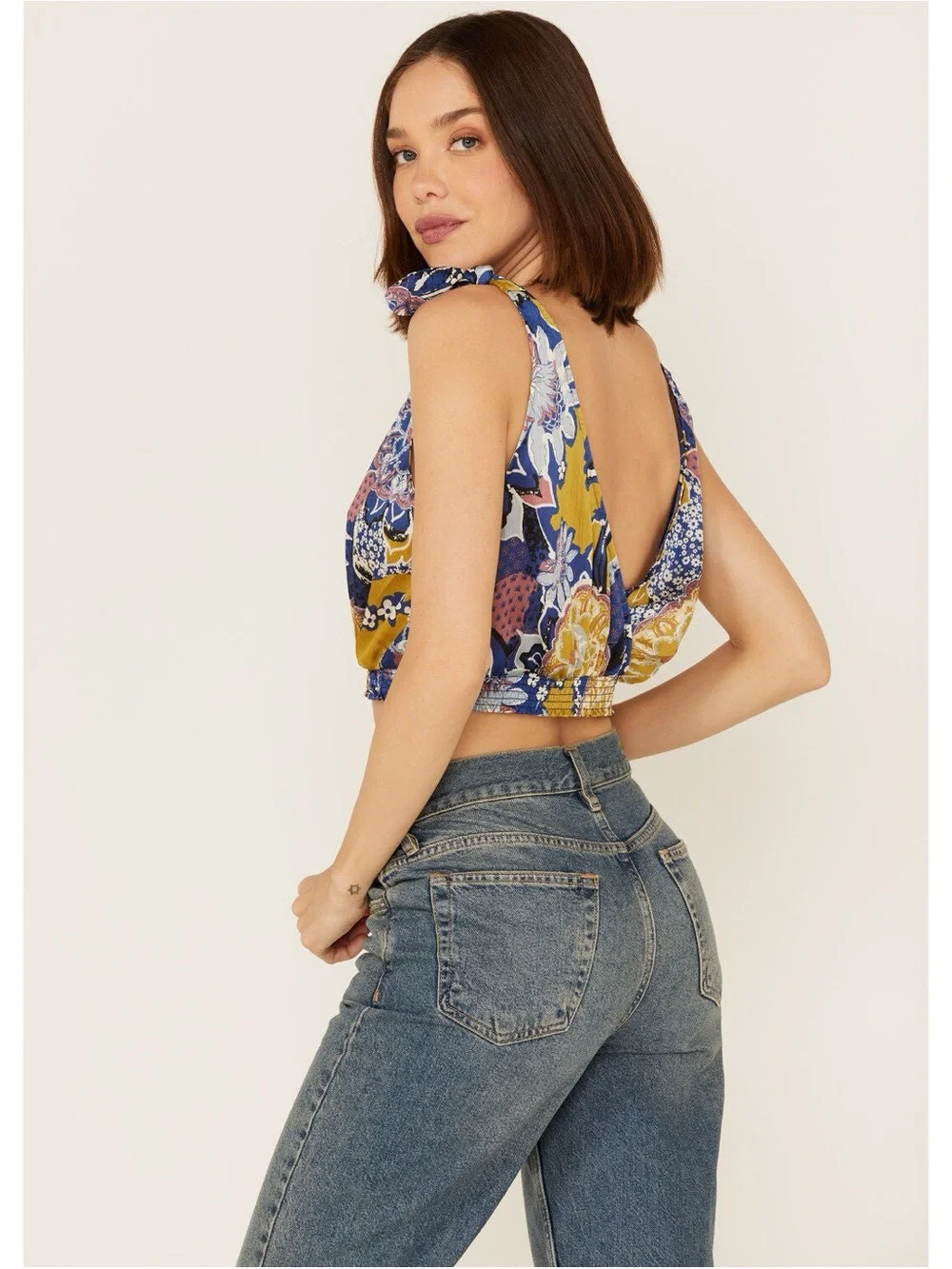 FREE PEOPLE WOMEN'S WEEKEND IN MONTAUK FLORAL PRINT CROPPED TANK TOP Size M